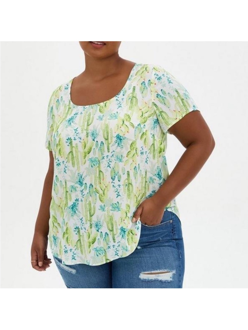 Women’s Scoop Neck Short Sleeve Cactus Print Blouse - Green, Blue, and Whit